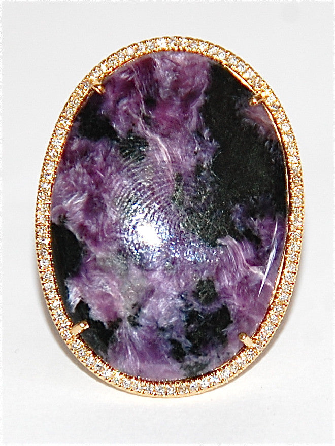 Gold Charoite with paved diamond ring
