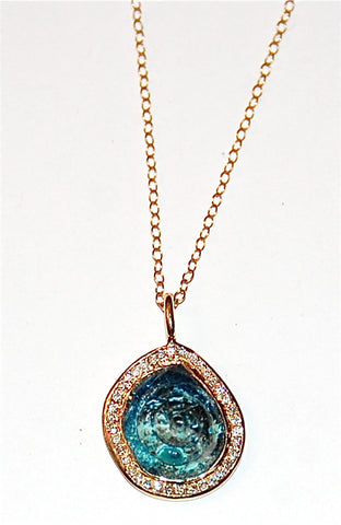 African turquoise round shell with paved diamond plain opal pendant