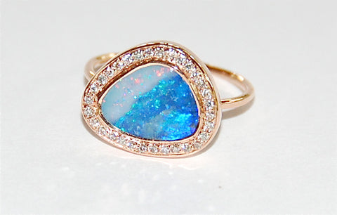 Blue red white opal with paved diamond ring