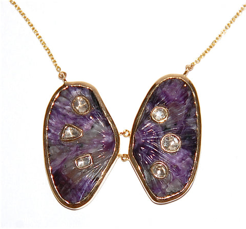 18kt Gold charoite with mine cut diamonds necklace