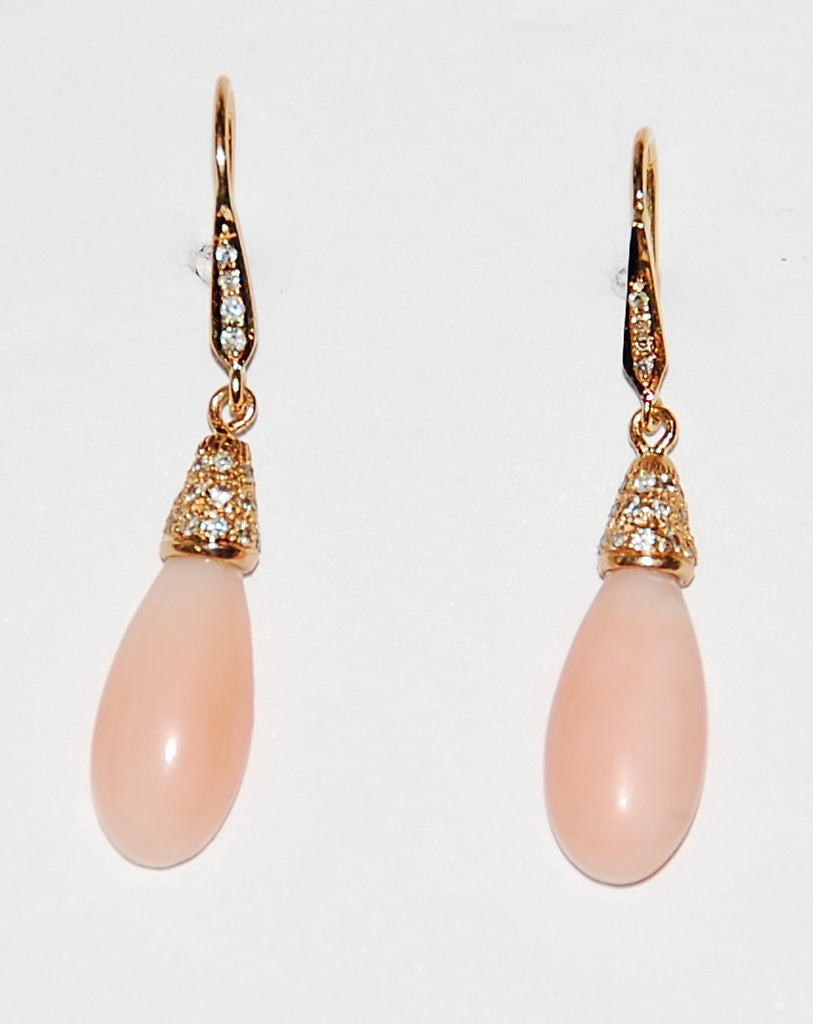 Pink Corallois teardrop shaped with paved diamond cap and stem earring