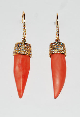 Coral spear with paved diamond cap and stem earring