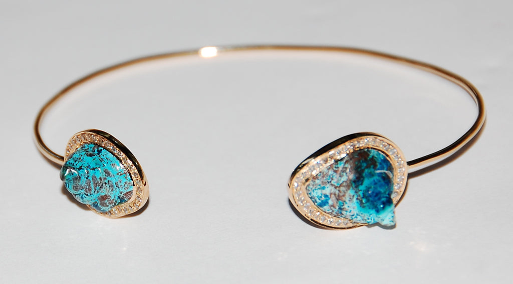 Turquoise round shell with paved diamond cuff
