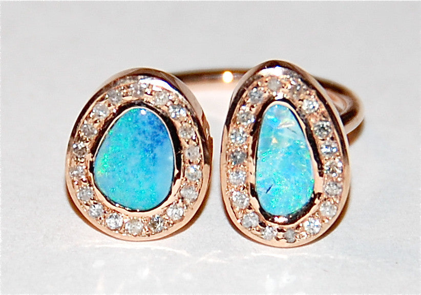 Double opal with pave diamond ring